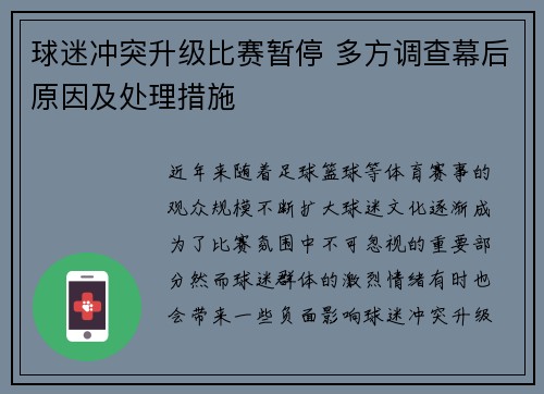 球迷冲突升级比赛暂停 多方调查幕后原因及处理措施