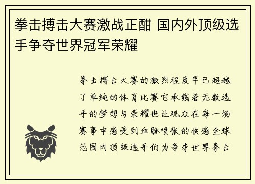 拳击搏击大赛激战正酣 国内外顶级选手争夺世界冠军荣耀