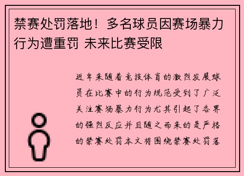 禁赛处罚落地！多名球员因赛场暴力行为遭重罚 未来比赛受限
